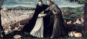 The meeting of St Francis of Assisi and St Dominic in Rome by Angiola Leone