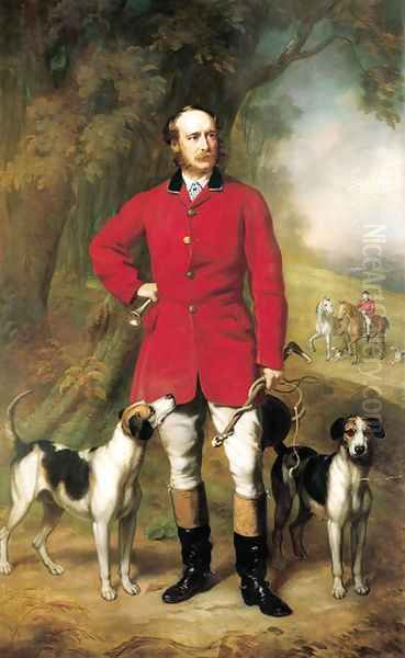 Portrait of the Hon. Ralph Nevill, full-length, in red jacket and riding britches, holding a crop in his left hand and horn in his right - view 1