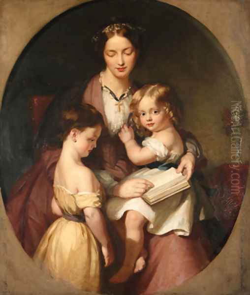Group portrait of Mrs John Lucas and her two eldest sons, three-quarter-length, the former, seated, in a pink dress and black shawl, holding a book - view 1