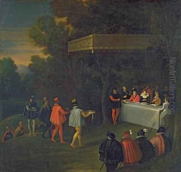 A Meal served to Henri IV 1553-1610 Marie de Medicis 1573-1642 Elisabeth de France 1602-44 and the Dauphin Louis 1601-43 in the Forest of Fontainebleau - view 1