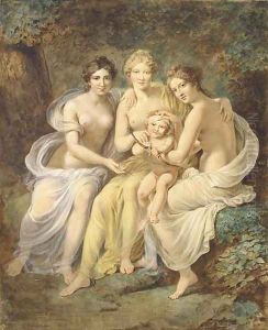 The Three Graces holding Cupid drawing a bow by Etienne-Charles Leguay