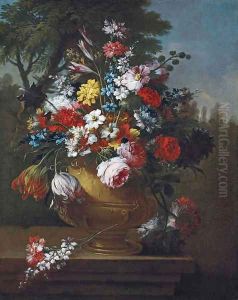 Roses, tulips, carnations, chrysanthemums and other flowers in a classical urn, on a ledge by Gasparo Lopez