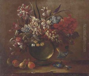 Tulips, carnations, convolvulus, narcissi and other flowers in a glass vase on a ledge with pears by Gasparo Lopez
