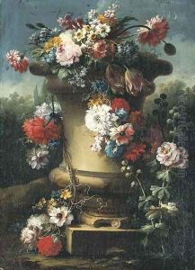 Narcissi, tulips, chrysanthemums, roses and other flowers in a stone urn with hollyhocks, a wooded landscape beyond by Gasparo Lopez