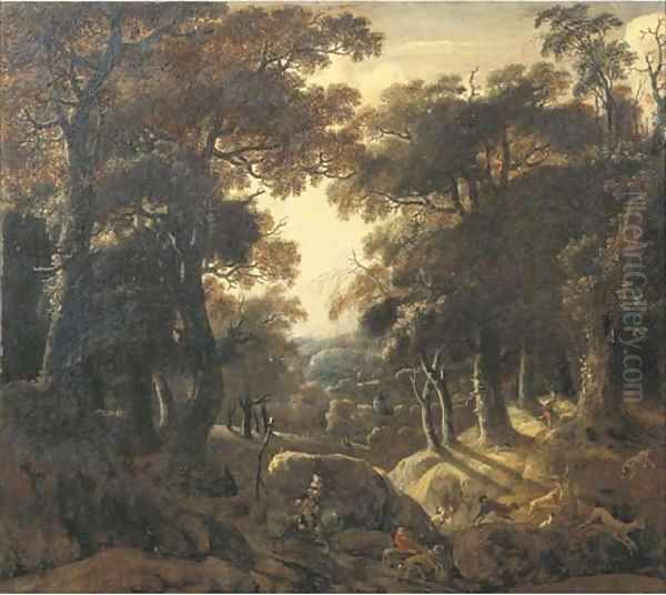 A wooded landscape at dawn with a stag hunt by Jan Looten