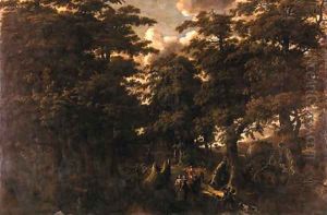 An elegant gentleman on horseback with two lady companions on a path in a wood by Jan Looten