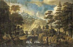 A mountainous wooded landscape with a wooden bridge over a river by Jan Looten