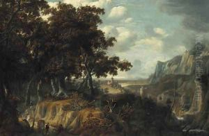 A wooded landscape with sportsmen returning from the hunt, a castle in a gorge beyond by Jan Looten