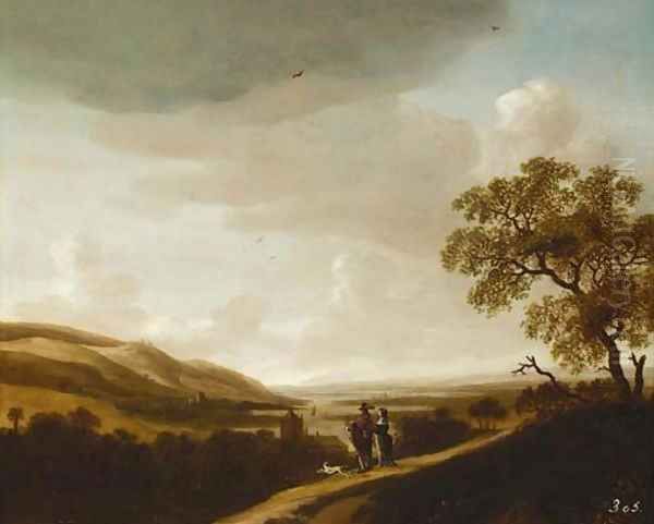 An extensive river landscape with an elegant couple halted on a track - view 1