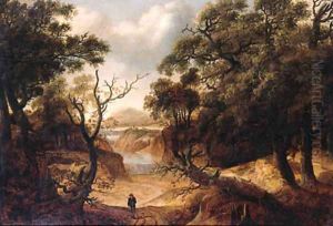 A traveller on a path in a wood, a waterfall beyond by Jan Looten