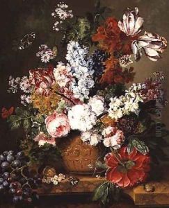 Fruit and Flowers on a Marble Ledge 1812 by Johannes or Jacobus Linthorst