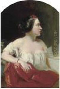 Portrait Of A Lady, Seated Half-length, In A White Dress With A Red Wrap