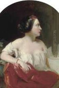 Portrait Of A Lady, Seated Half-length, In A White Dress With A Redwrap by William Etty