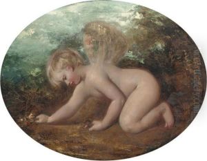 A Putto Collecting Flowers, In An Oval Mount