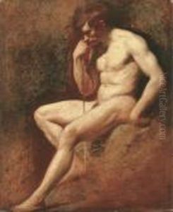 Male Nude, Seated, Leaning On A Staff