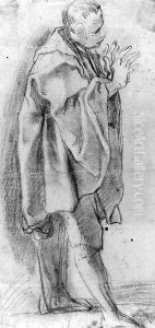 A draped standing figure in profile to the right, his arms raised by Andrea Lilio