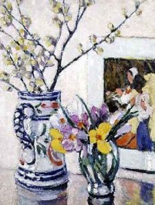Still life with flowers in a vase by Rowley Leggett