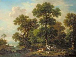 A wooded landscape with a shepherd watching over cattle, sheep, and a horse by a river