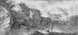 An extensive rocky landscape with figures by a lake