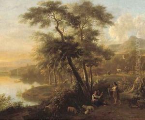 An Italianate wooded landscape with peasants and their flock resting by a path