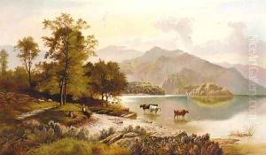 Figures resting by a lake with cattle watering in a mountainous landscape by Charles Leslie