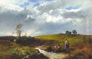 Girls resting by a stream by Charles Leslie