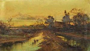 A mountainous river landscape by Charles Leslie
