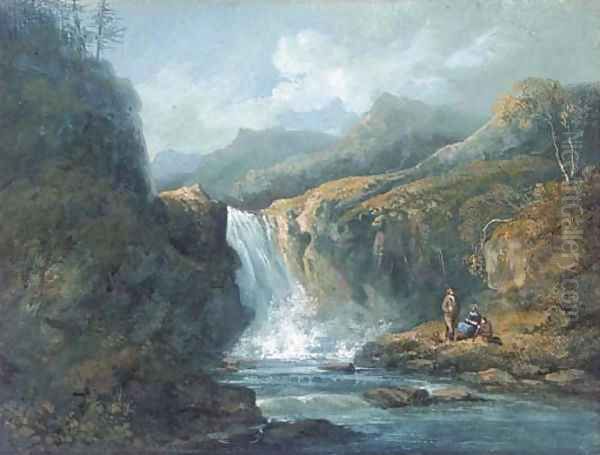 Anglers before a waterfall - view 1