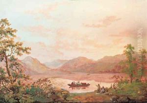 View on Lake Windermere with a ferry transporting figures and cattle, Cumbria
