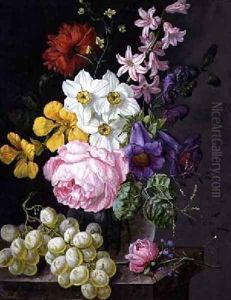 Roses Narcissi and flowers in a vase by Josef Lauer