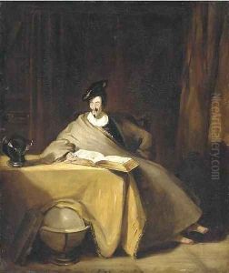 An elegant figure seated at a table reading a book, with symbols of the active and contemplative lives by Henry Liverseege