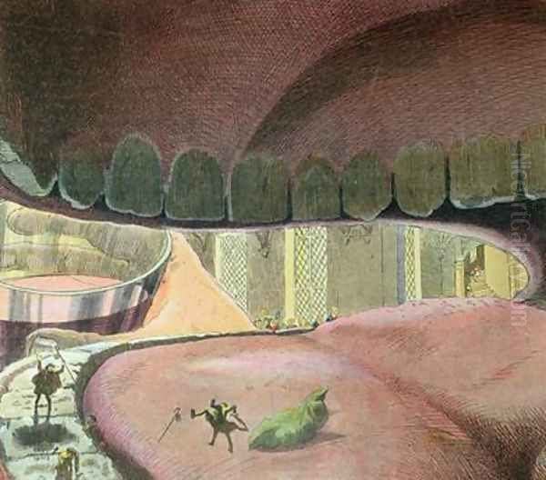 The mouth of Gargantua eating a salad of the six pilgrims and drinking wine - view 1