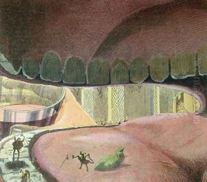 The mouth of Gargantua eating a salad of the six pilgrims and drinking wine by Adrien Leroy