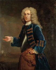 Portrait of Henry Boyle (d.1756), Captain of Horse, three-quarter-length, in a breastplate and blue coat with gold trim, in a landscape by Anthony Lee