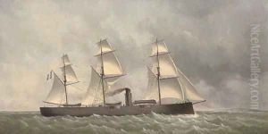 A French ironclad turret ship under sail and steam off the coast by Charles Leduc