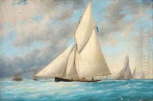 A French regatta with a racing cutter approaching the finishing line A French regatta with a racing cutter approaching the finishing line