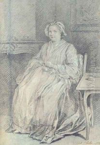 A woman knitting, seated in a domestic interior by Charles-Andre van Loo