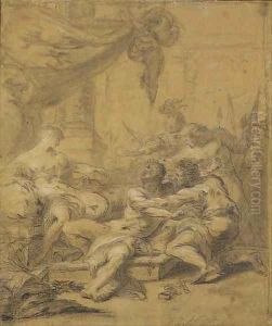 A prisoner with soldiers in front of a queen by Charles-Andre van Loo
