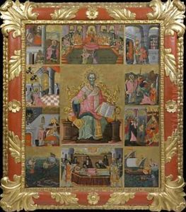 Icon of Saint Nicholas with scenes of his life and miracles by Laskaris Leichoudis