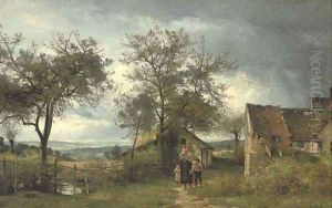 A family gathering before a country cottage by Eugene Antoine Samuel Lavieille