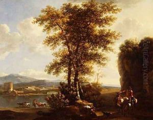 An Italianate wooded river landscape with travellers on a path by Lodewyck van Ludick