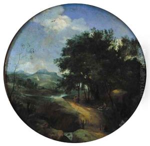 Classical figures in a pastoral landscape with some buildings beyond