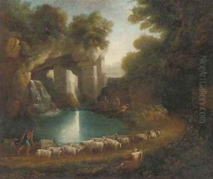 A wooded clearing with a shepherd and his flock and anglers by a waterfall beneath classical ruins by Claude Lorrain (Claude Gellee)