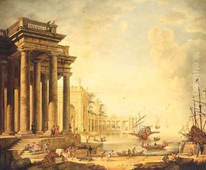 A Neoclassical Capriccio Of Figures On A Quay By A Loggia