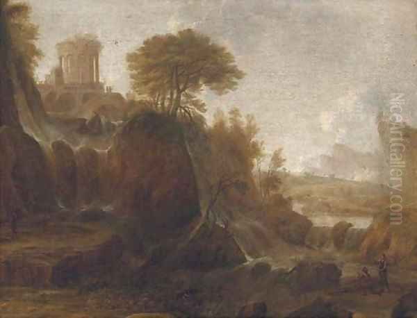 Figures by a waterfall in a classical landscape - view 1