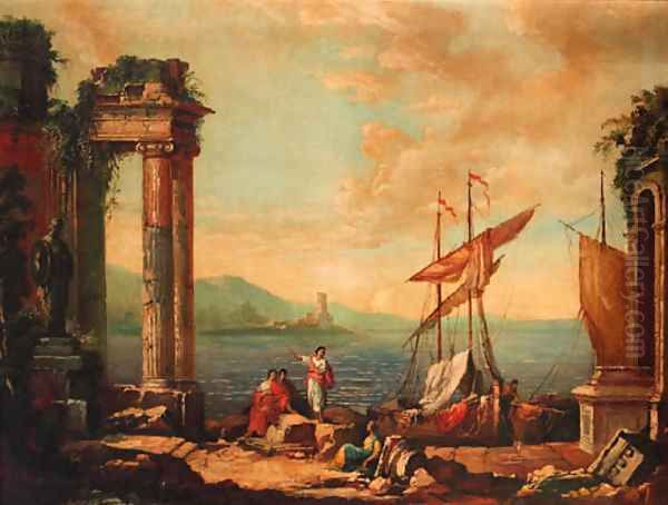 Figures resting by a ruined temple on a quay - view 1