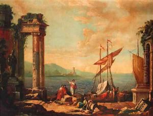Figures resting by a ruined temple on a quay by Claude Lorrain (Claude Gellee)