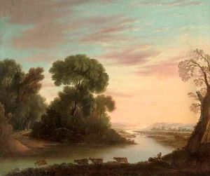 A wooded river landscape with a drover under a tree, his cattle beyond
