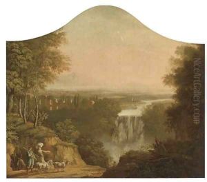 An extensive river landscape with a shepherd and his flock by a waterfall by Claude Lorrain (Claude Gellee)