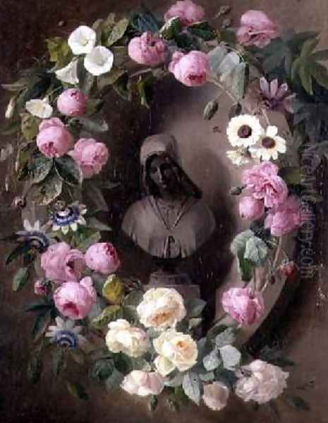 Garland with Roses and Passion Flowers Around a Bust of a Saint - view 1